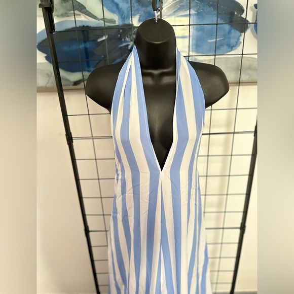 Light Blue Open Back Halter Tie Neck Zipper Closure Striped Detail Maxi Dress - Picture 8 of 17